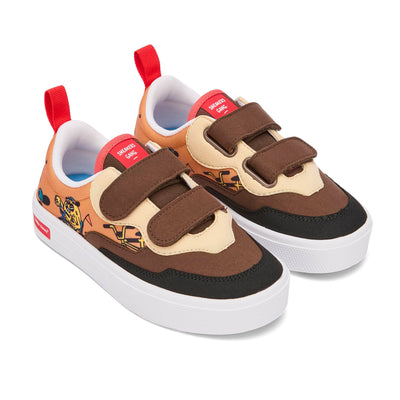 Sneakers enfant marron noir motif mascottes vélo scratchs Hello Hossy