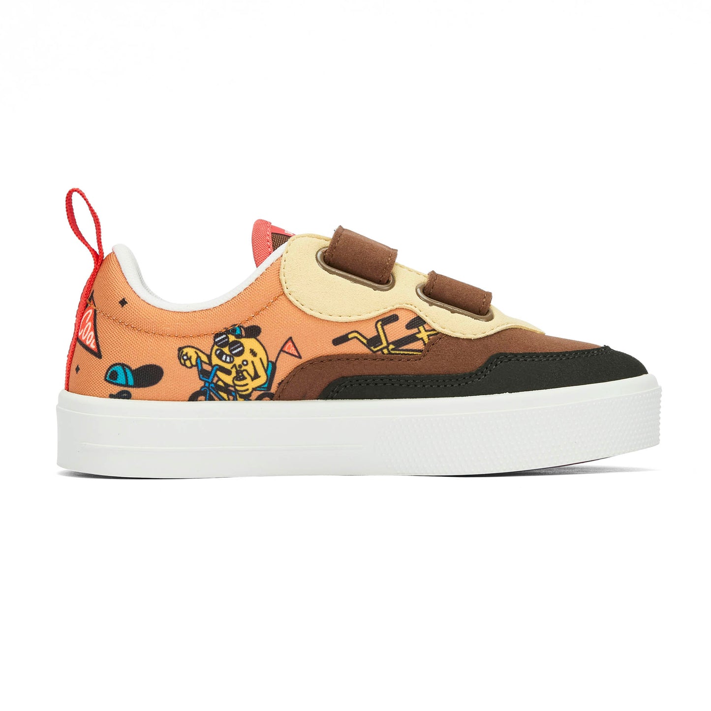 Kids sneakers brown black mascots bike pattern velcro straps Hello Hossy