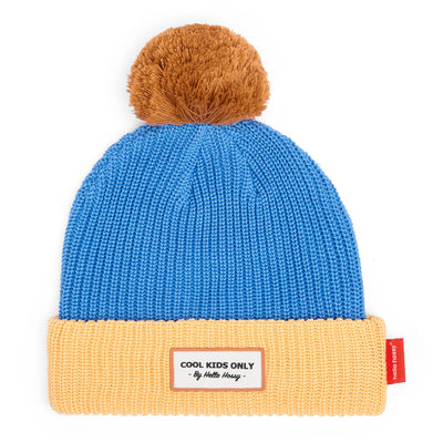 Beanie child blue Beige pompom embroidered label Hello Hossy
