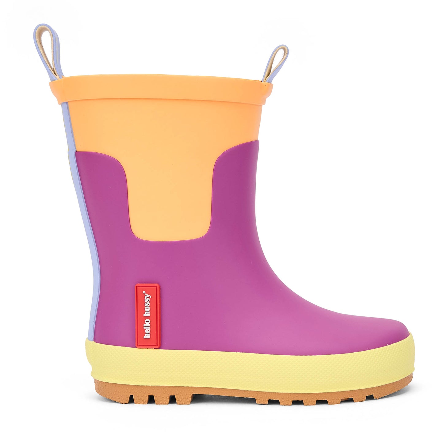 Children's purple and Orange rain boots with yellow detail Hello Hossy