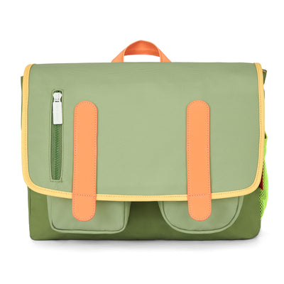 Children's green schoolbag with Orange details, front pockets Hello Hossy