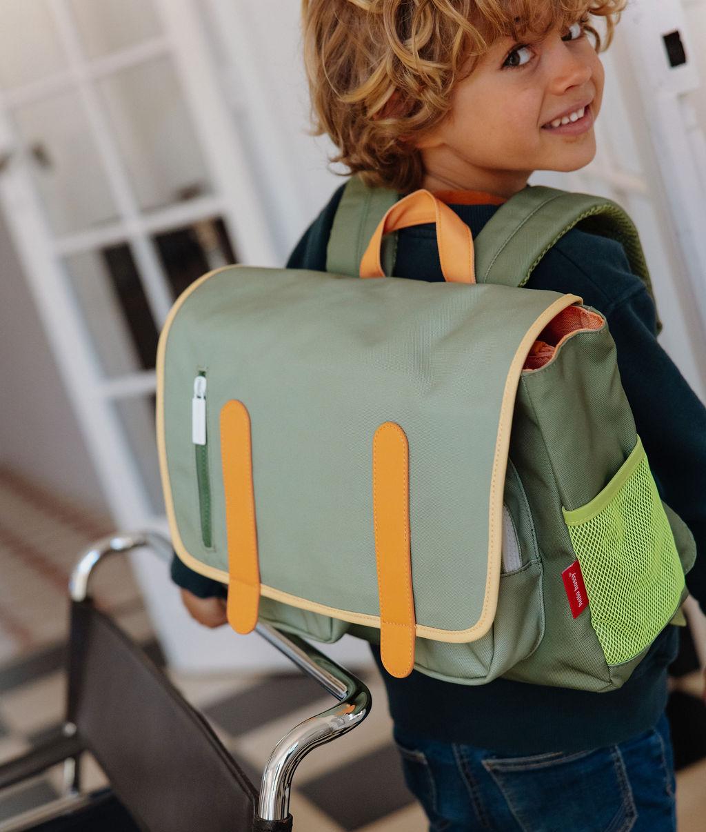 Green children's backpack with orange mesh pockets Hello Hossy
