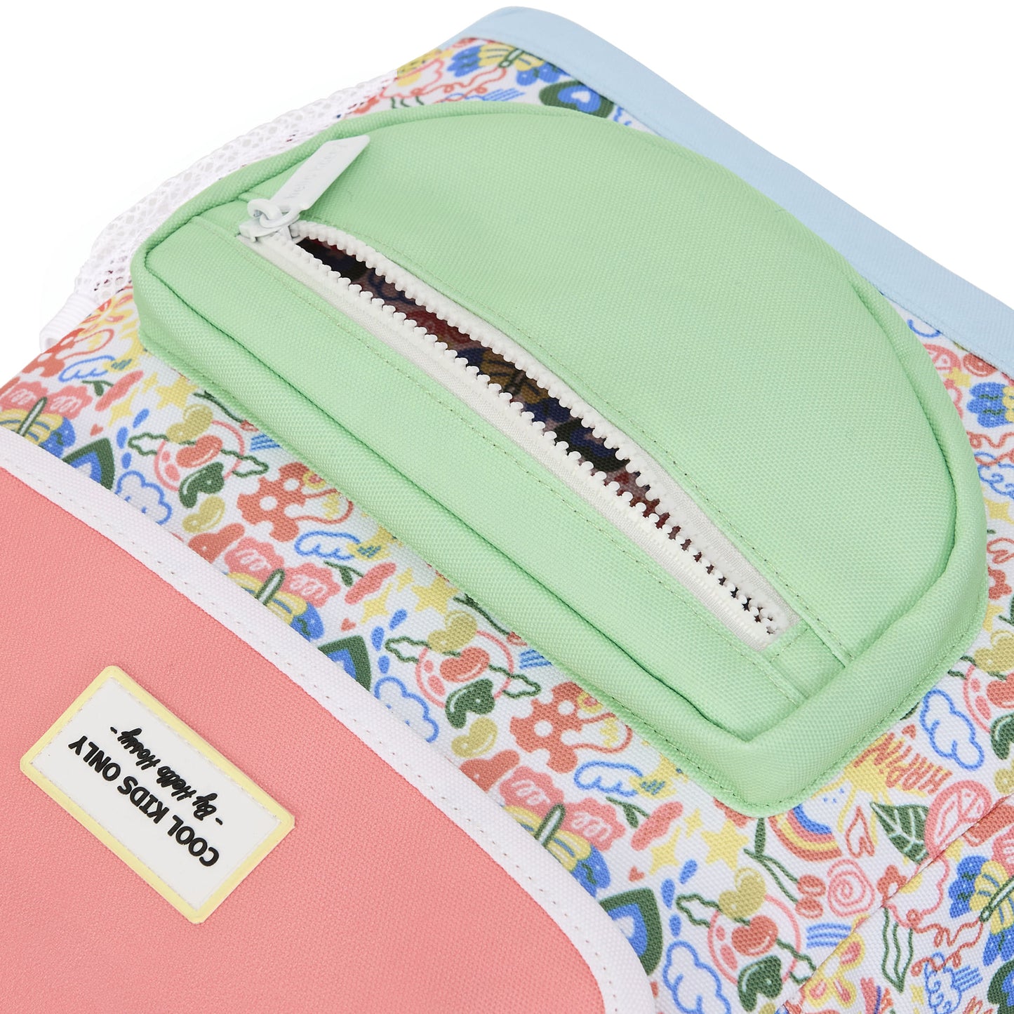 Happiness children's white pink patterned flowers backpack green pocket Hello Hossy
