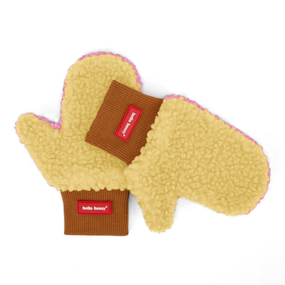 Two-toned fleece mittens Heaty Kira for kids and babies – flat lay - Yellow side
