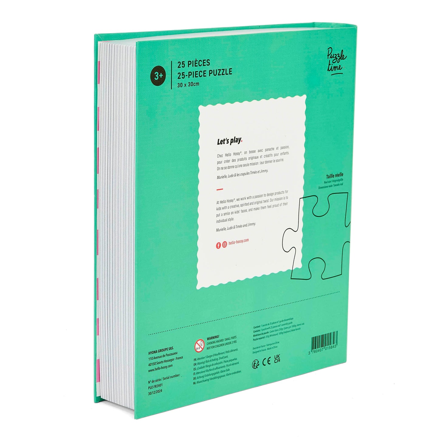 Puzzle pour enfant Hello Hossy au format livre – 25 pièces – dos illustré avec message de marque – vue arrière