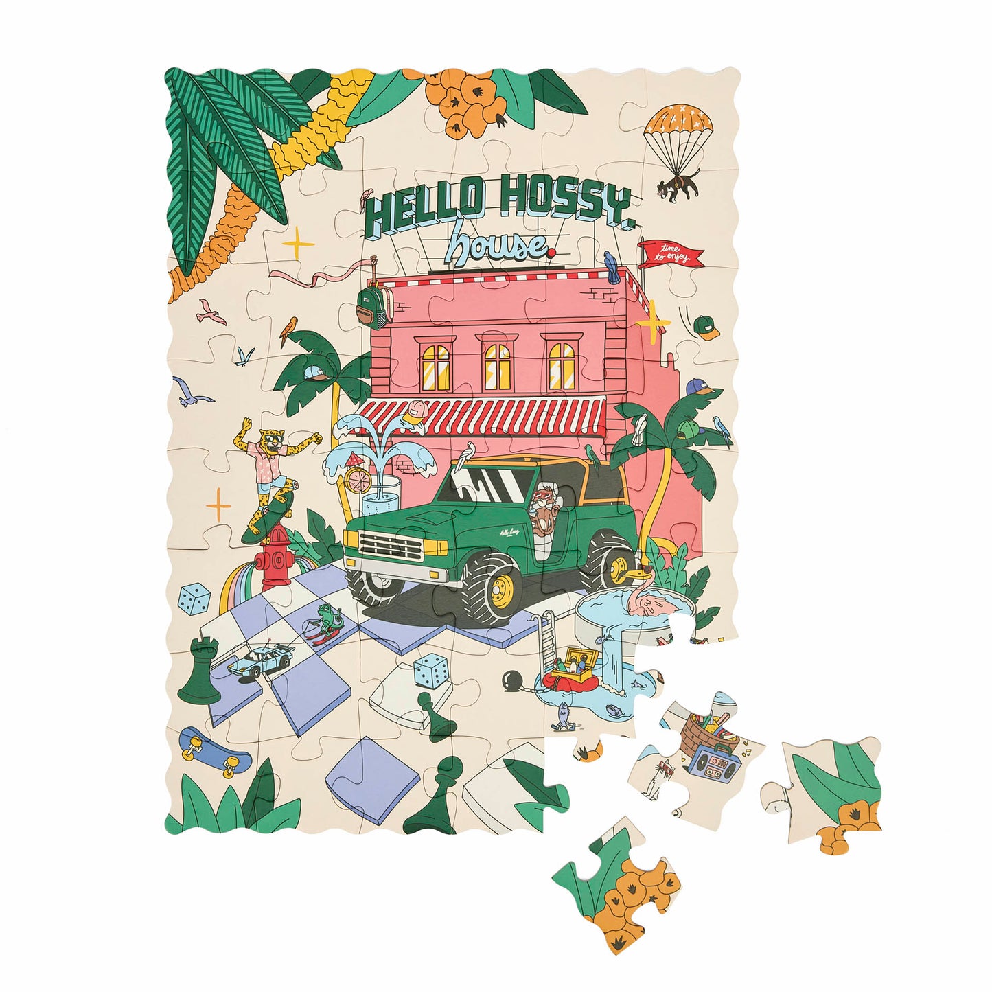 Puzzle pour enfant Hello Hossy "Hello Hossy House" partiellement assemblé – vue à plat – fond blanc
