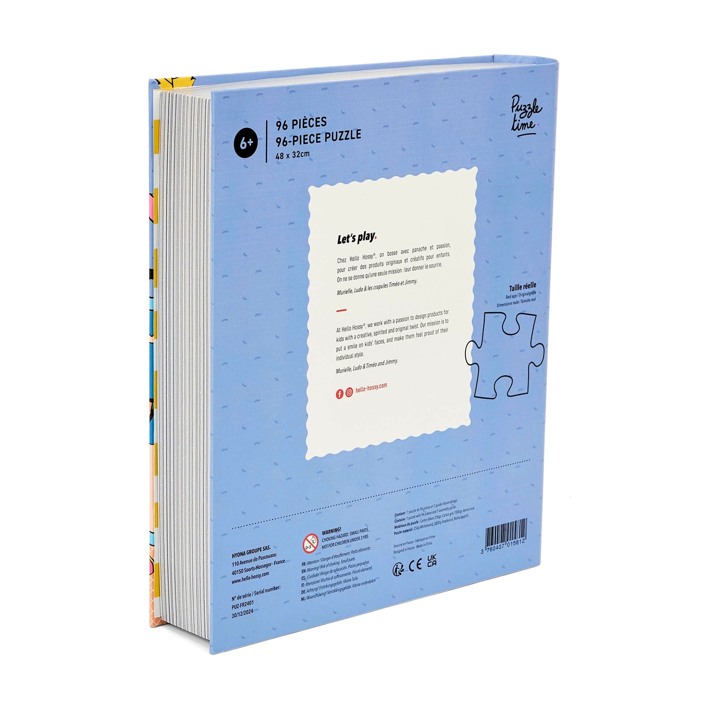 Puzzle pour enfant Hello Hossy au format livre – 96 pièces – dos illustré avec message de marque – vue arrière
