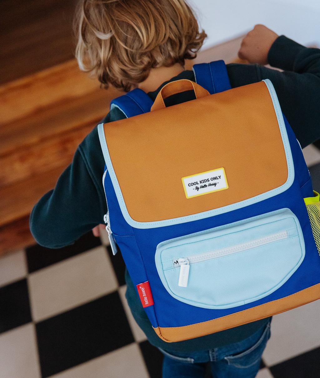 Children's blue Backpack light pocket zip closure yellow detail Hello Hossy