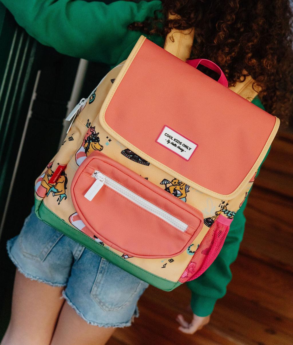 Sac à dos enfant jaune rose motif licorne patch Hello Hossy