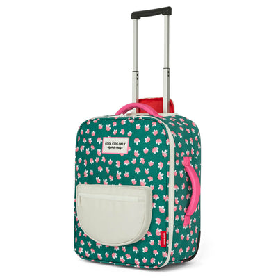 Valise enfant verte motif fleurs poignées roses Hello Hossy