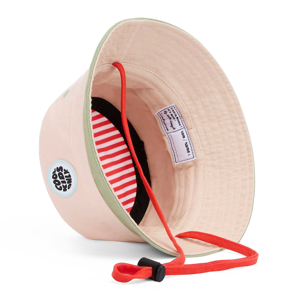 Children's beige bucket hat with red and green striped lining, adjustable strap, Hello Hossy