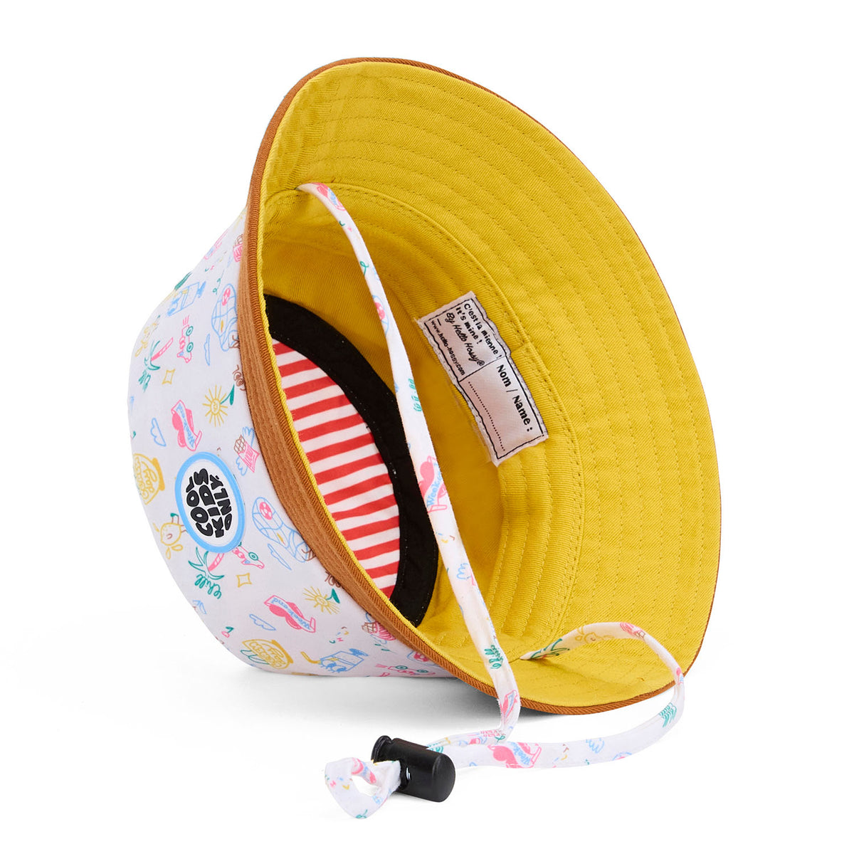 White kids bucket hat travel pattern yellow interior Hello Hossy