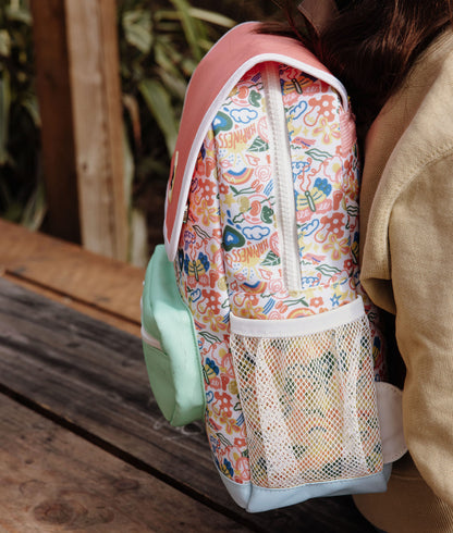 Children's white pink flowers pattern backpack mesh pocket Hello Hossy