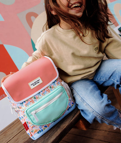 Children's white pink flowers pattern backpack mint pocket Hello Hossy