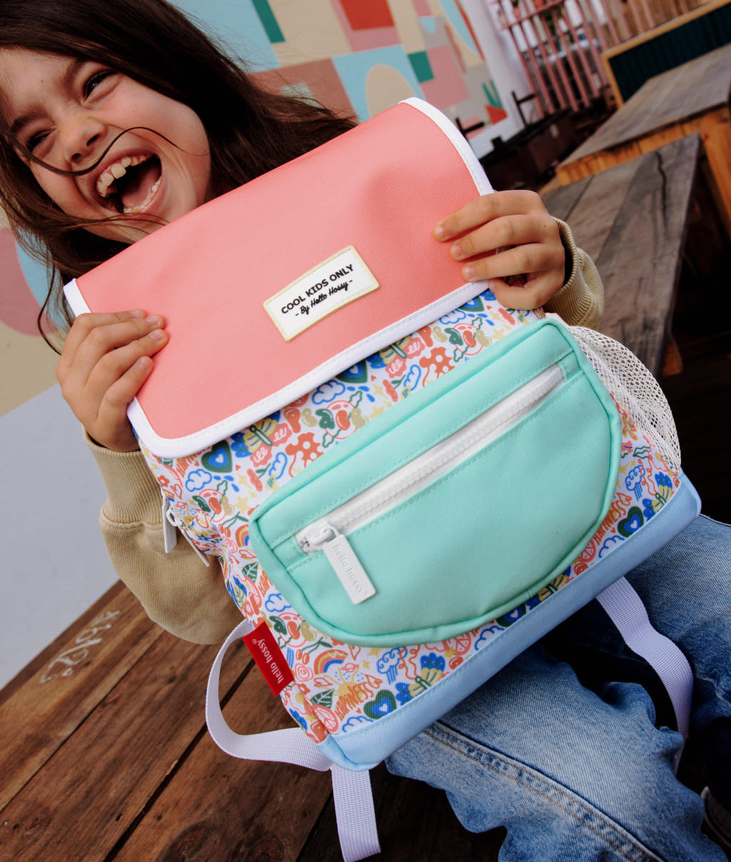Children's multicolour flowers patterns backpack coral flap green pocket Hello Hossy