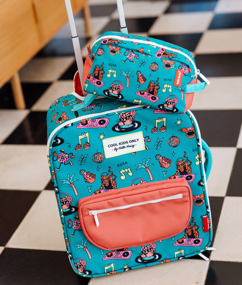 Kids green suitcase music pattern with matching pouch Hello Hossy