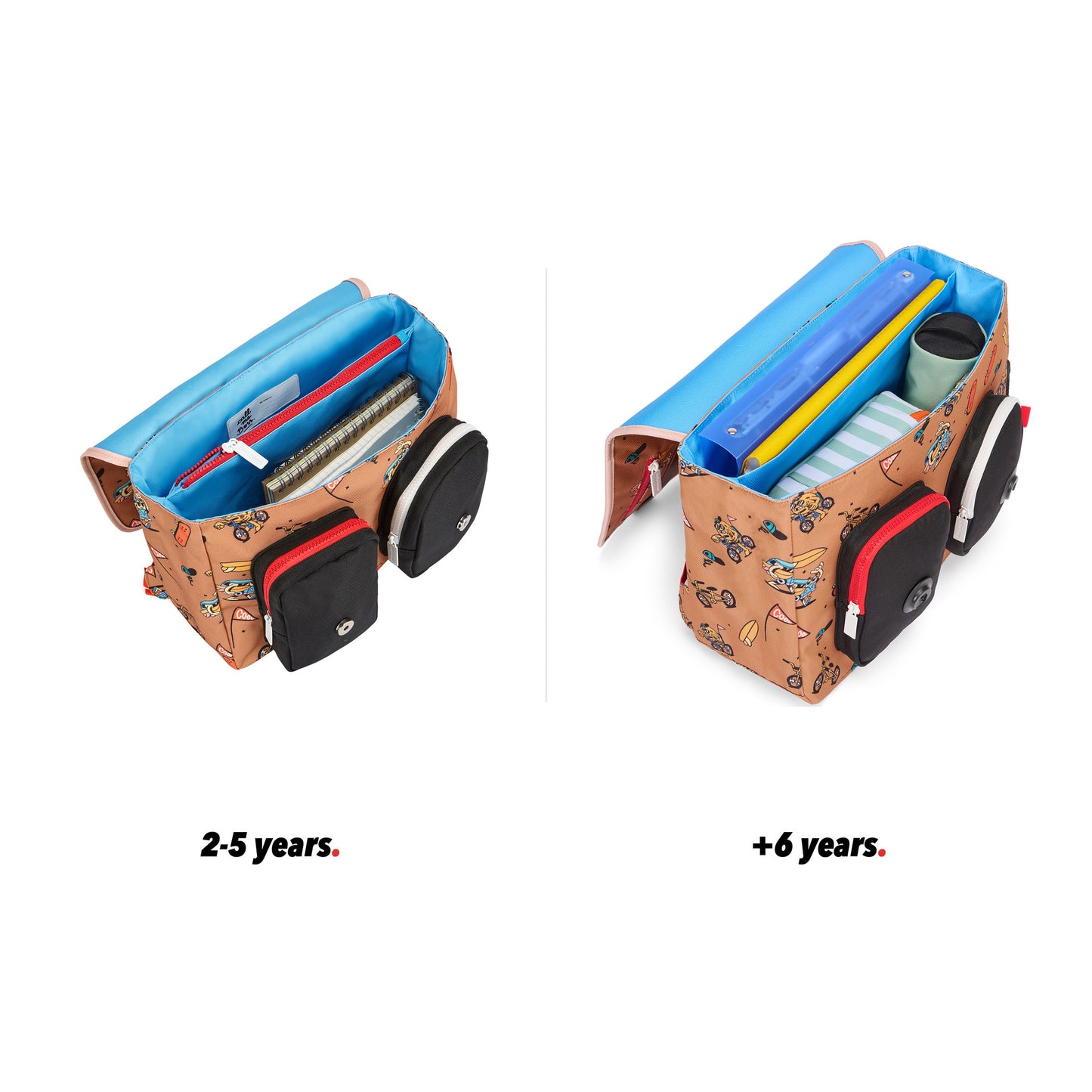 Children's brown schoolbag with bikes and mascots patterns open view size comparison Hello Hossy