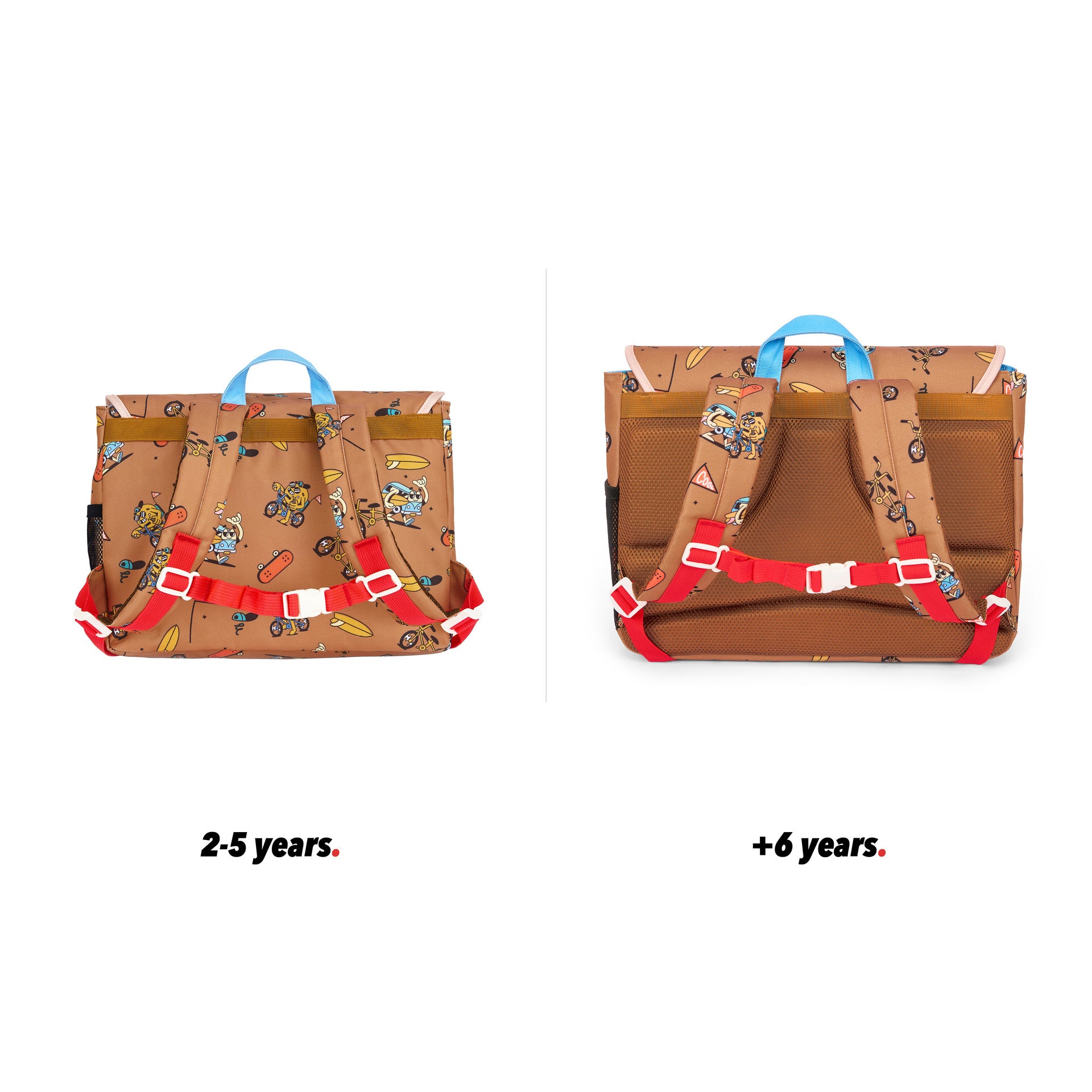 Children's brown schoolbag with bikes and mascots patterns back view size comparison Hello Hossy