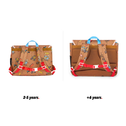 Children's brown schoolbag with bikes and mascots patterns back view size comparison Hello Hossy