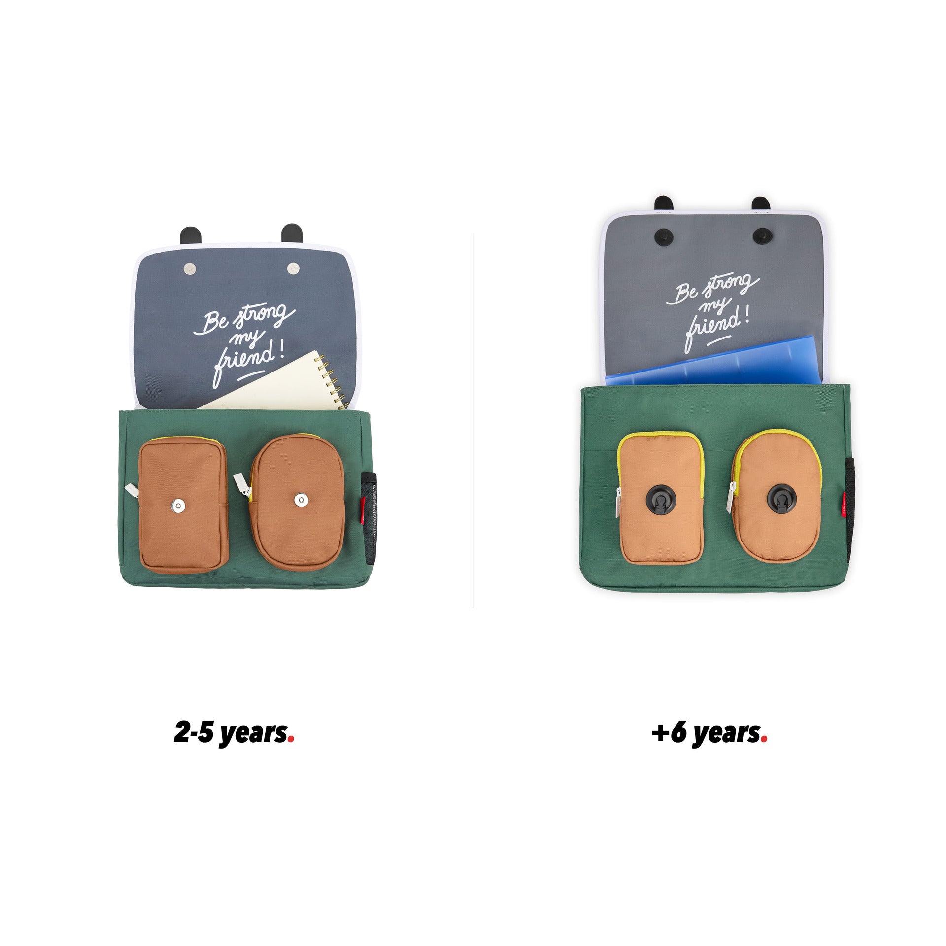 Children's green backpack with brown front pocket front view open size comparison Hello Hossy