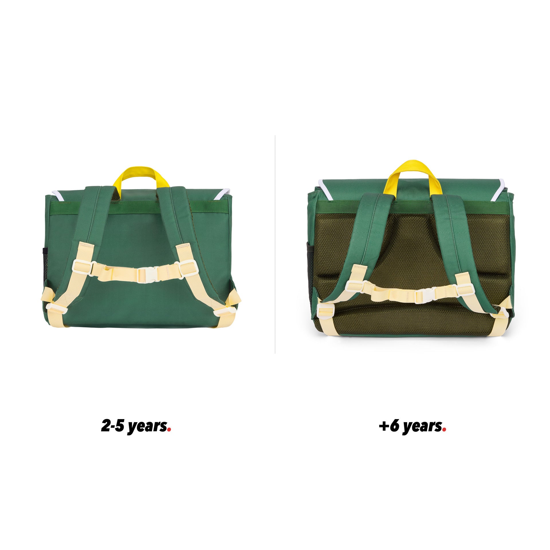 Children's green backpack with brown front pocket back view size comparison Hello Hossy