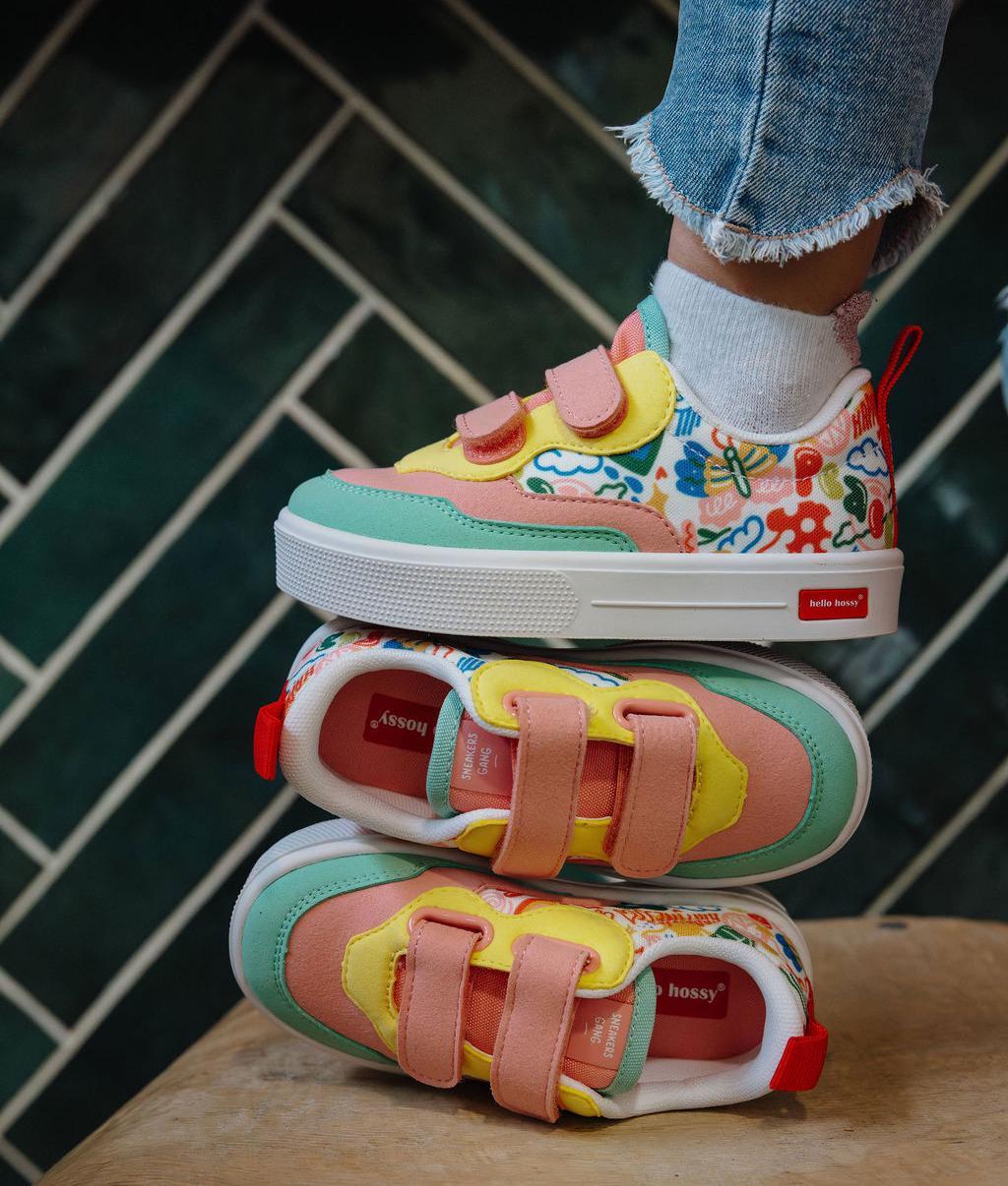 Sneakers enfant rose vert jaune imprimé art multicolore double scratchs Hello Hossy