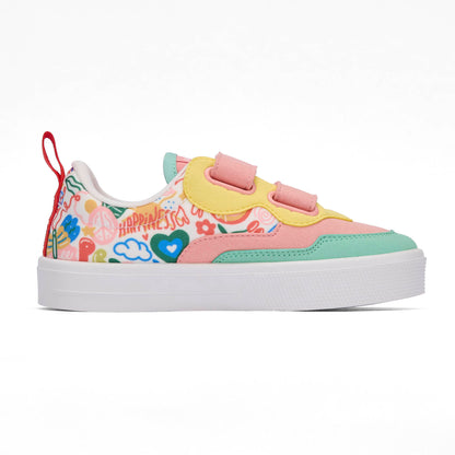 Sneakers enfant rose vert imprimé art fleurs semelle blanche double scratchs Hello Hossy