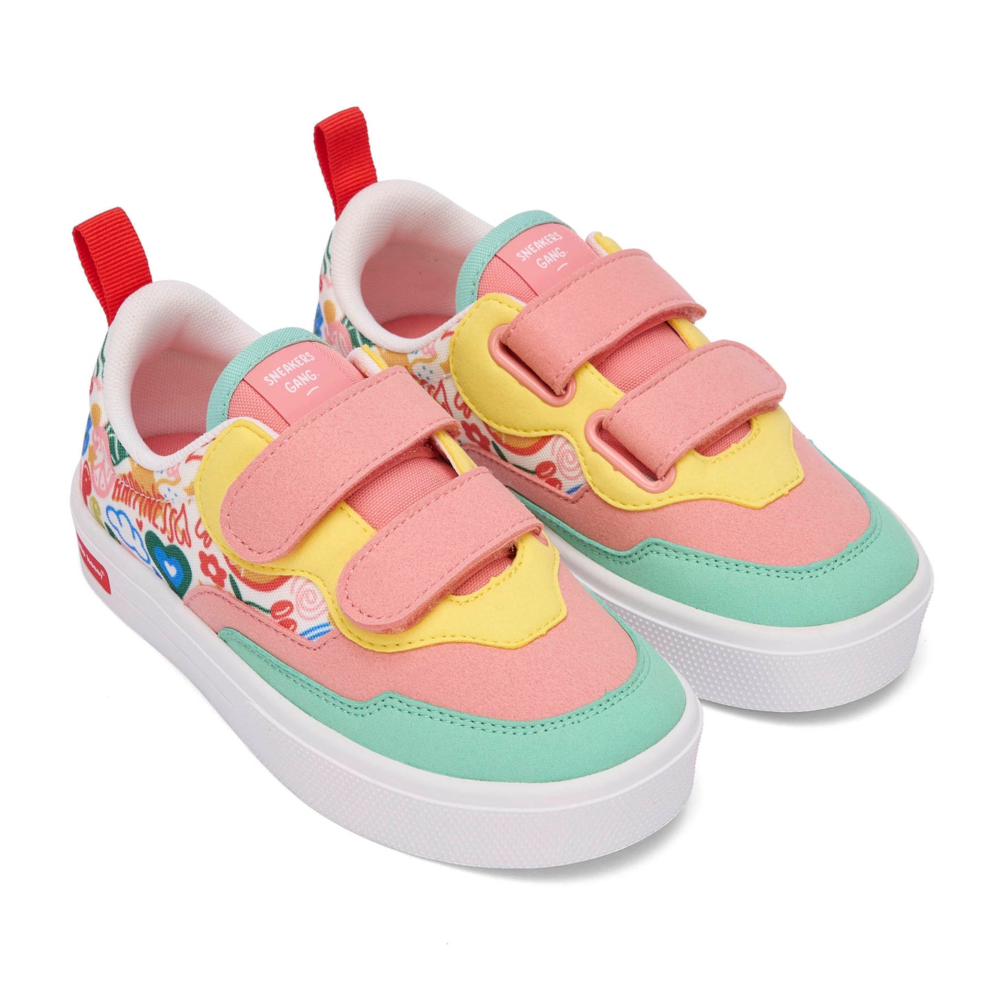 Sneakers enfant rose vert jaune imprimé art fleurs double scratchs Hello Hossy