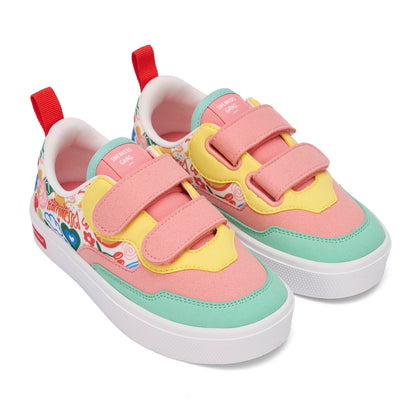 Sneakers enfant rose vert jaune imprimé art fleurs double scratchs Hello Hossy