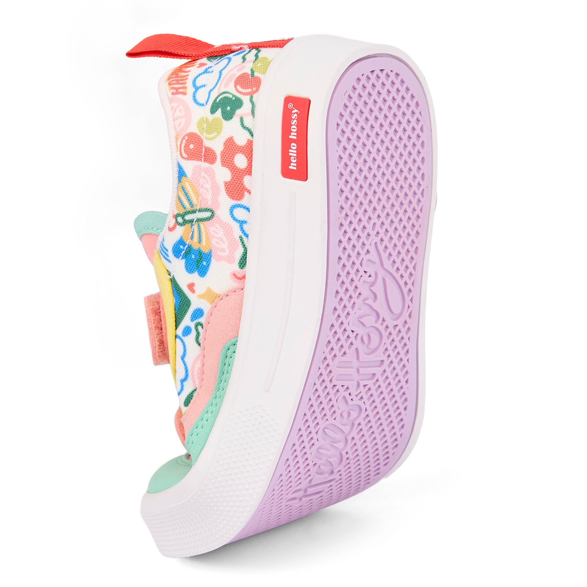 Sneakers enfant rose vert imprimé art fleurs semelle violette souple Hello Hossy