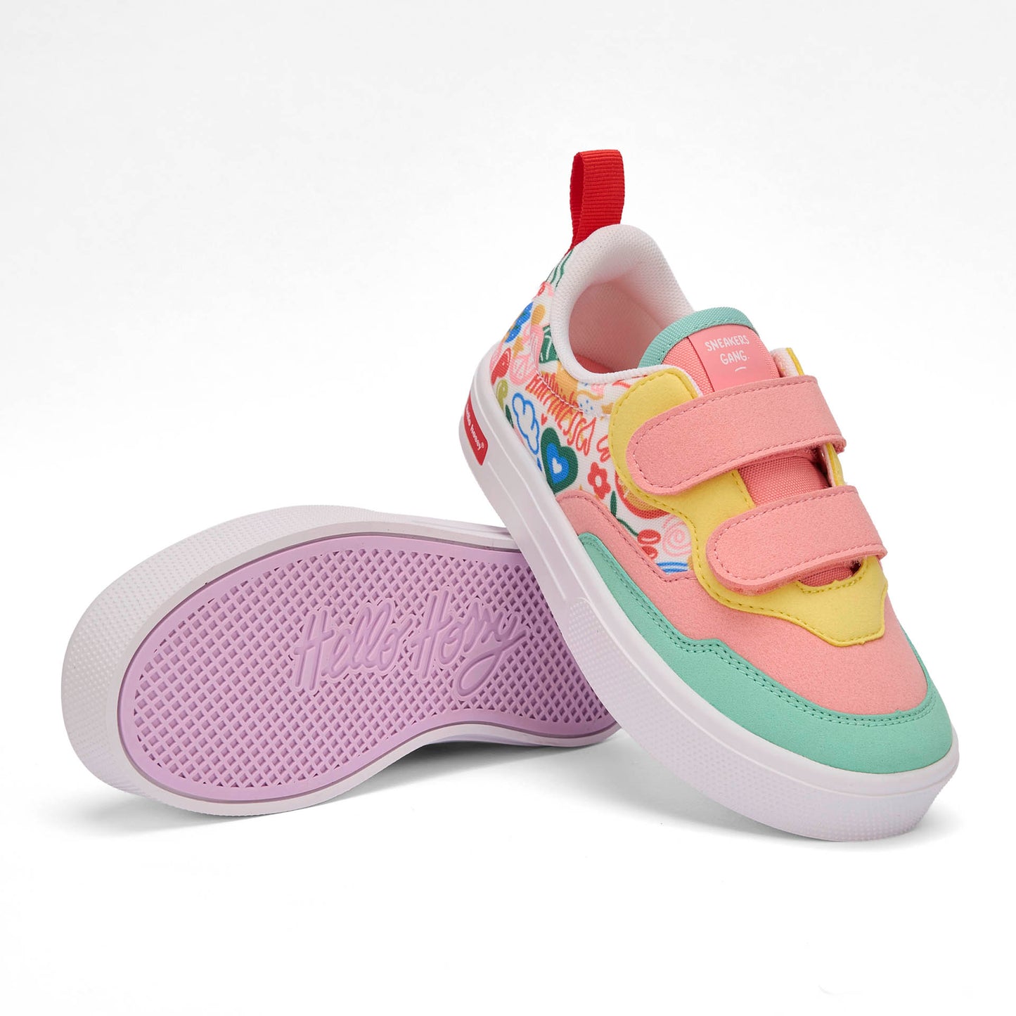 Sneakers enfant rose vert imprimé art multicolore double scratchs Hello Hossy