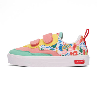 Sneakers enfant rose vert jaune imprimé art multicolore double scratchs Hello Hossy