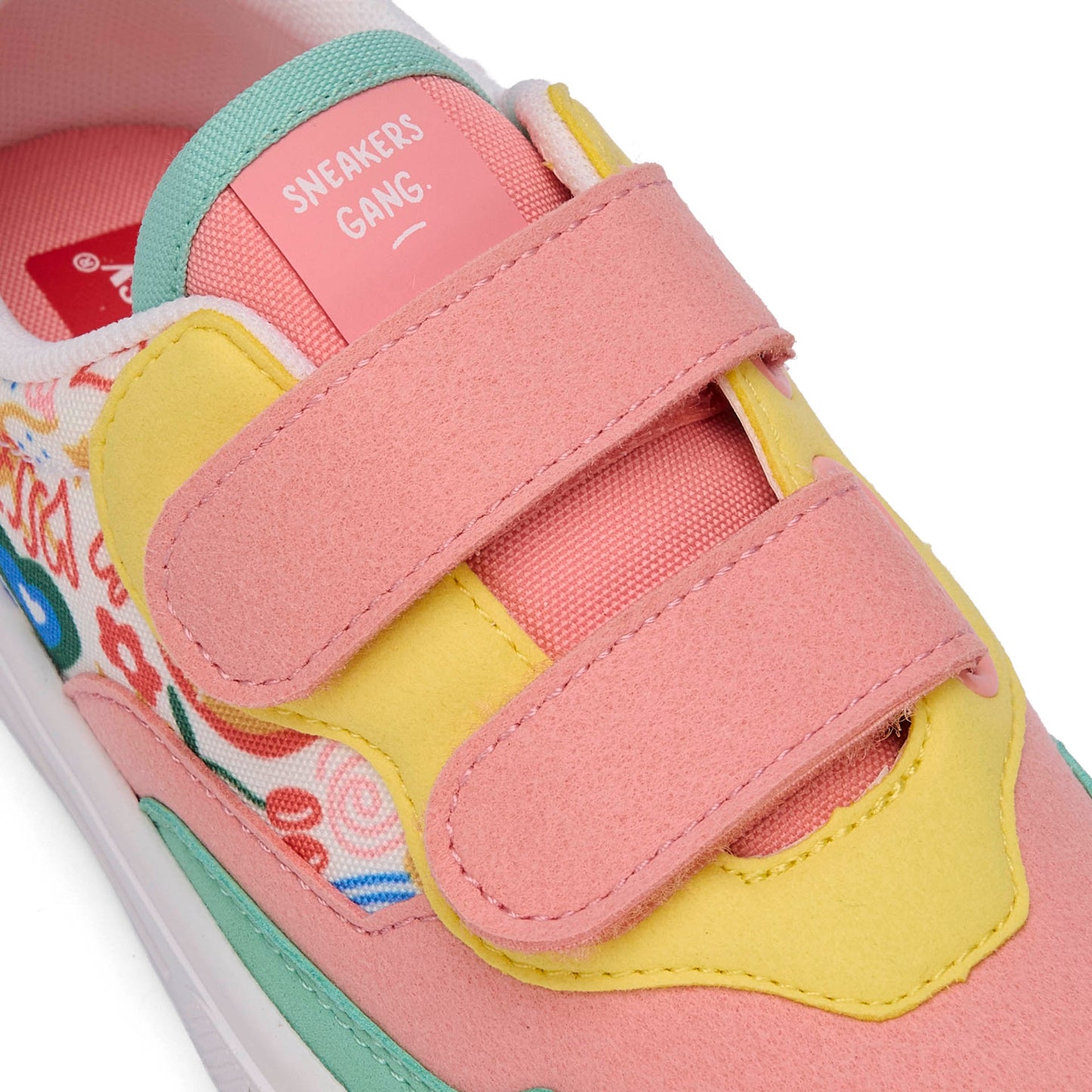 Sneakers enfant rose vert jaune imprimé art semelle blanche double scratchs Hello Hossy