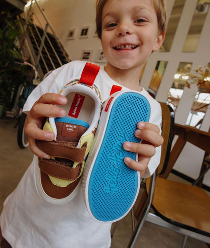 Kids sneakers cream brown blue sole velcro Hello Hossy