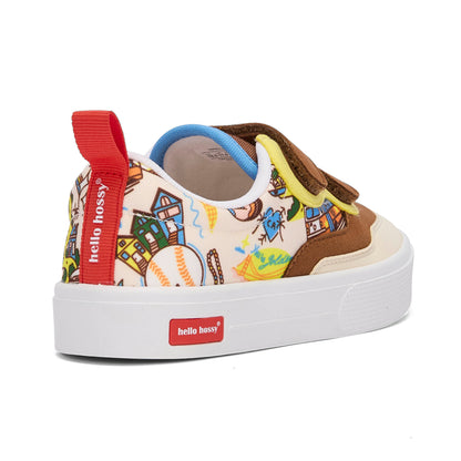 Kids sneakers cream brown USA Travel patterns velcro white sole Hello Hossy