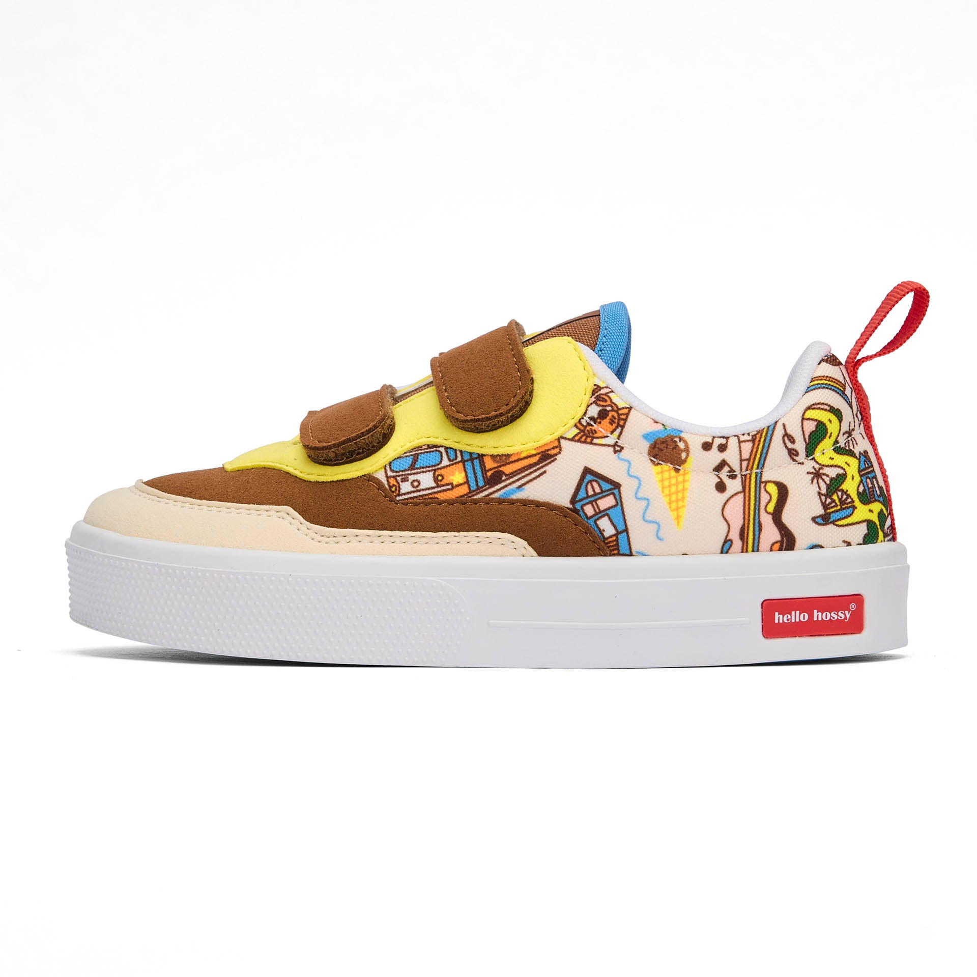 Kids sneakers cream brown travel patterns velcro white sole Hello Hossy