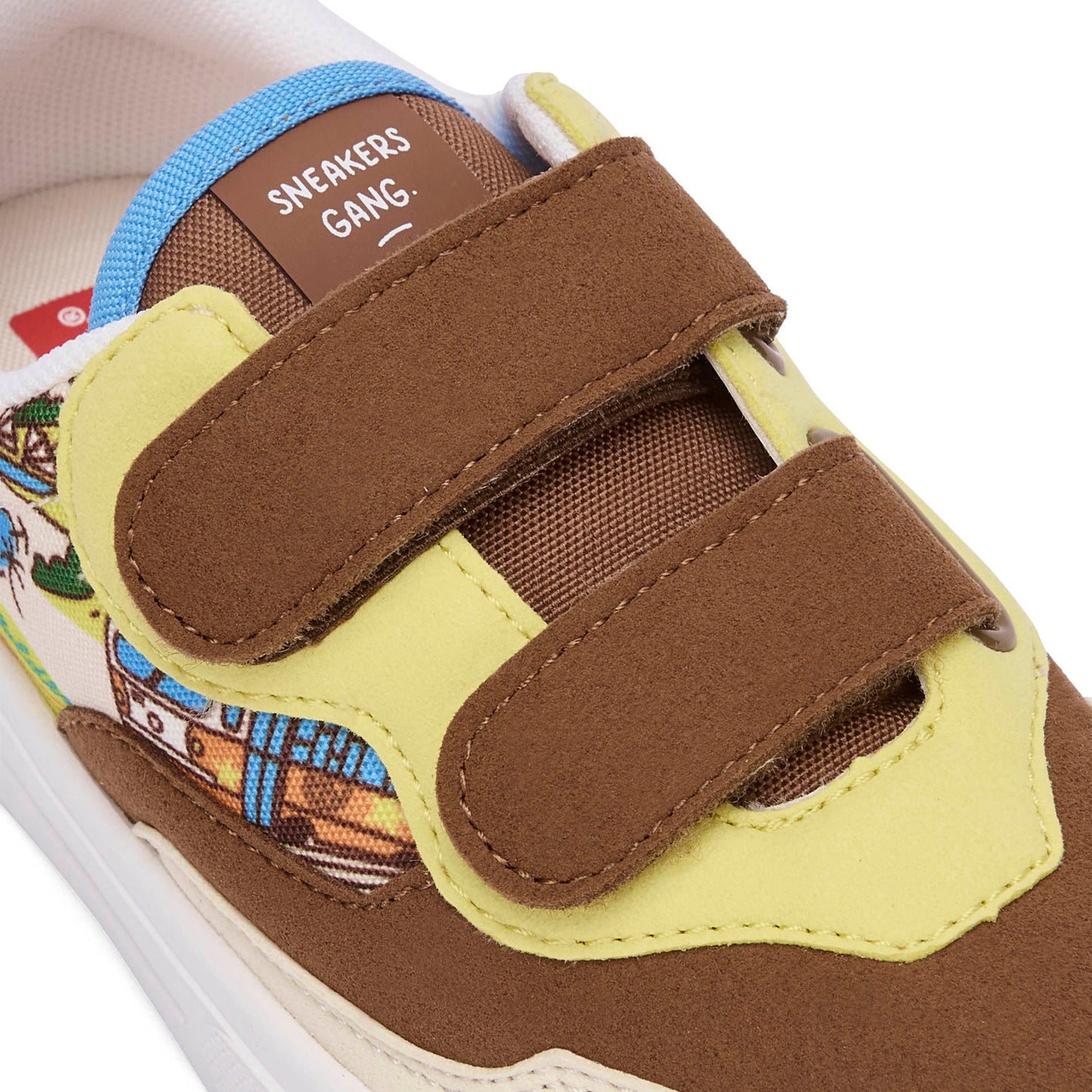 Kids sneakers cream brown travel pattern double velcro Hello Hossy