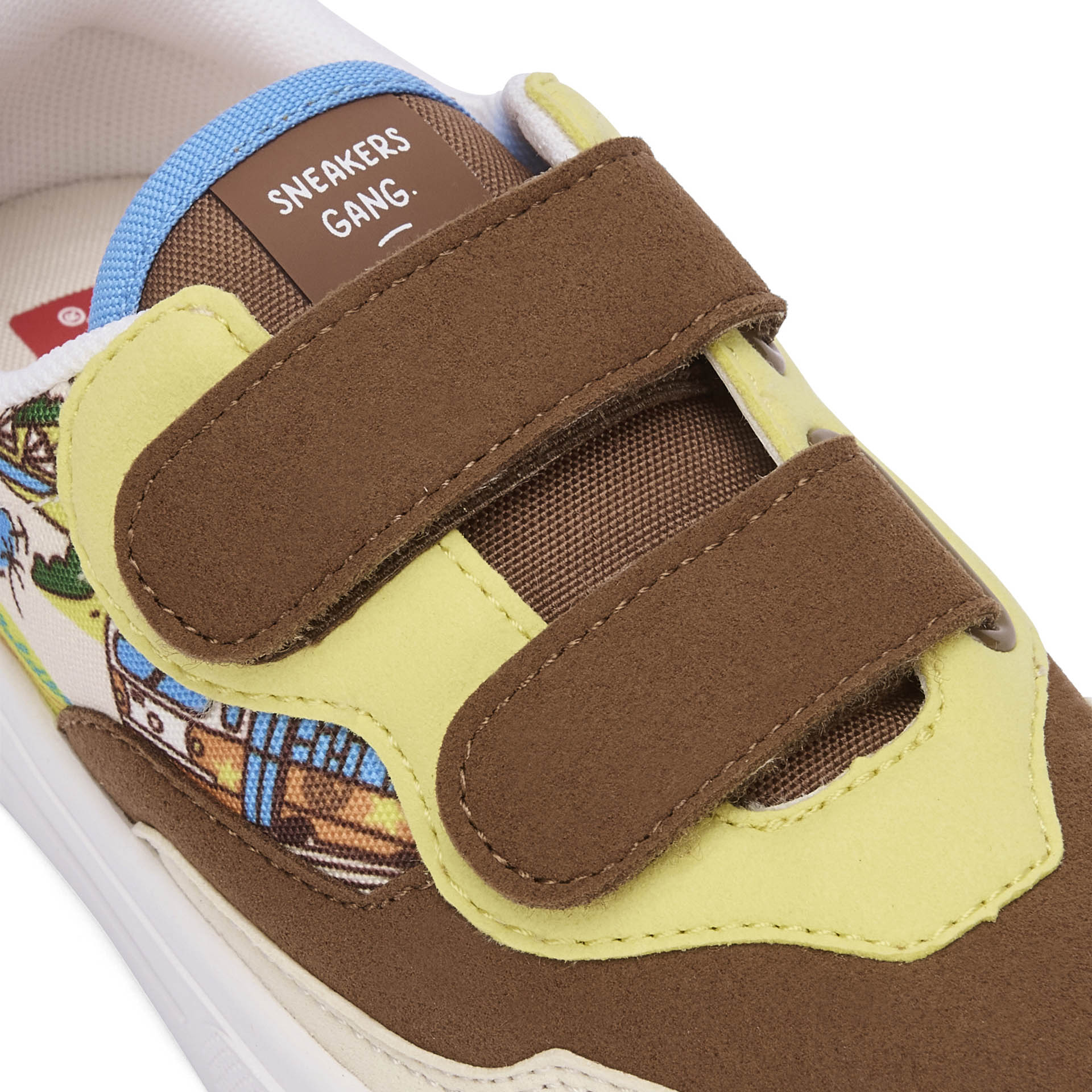 Kids sneakers cream brown travel pattern double velcro Hello Hossy