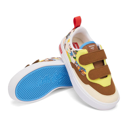 Kids sneakers cream brown yellow travel pattern double velcro Hello Hossy