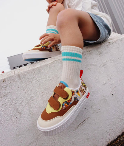 Kids sneakers cream brown USA Travel patterns double velcro Hello Hossy