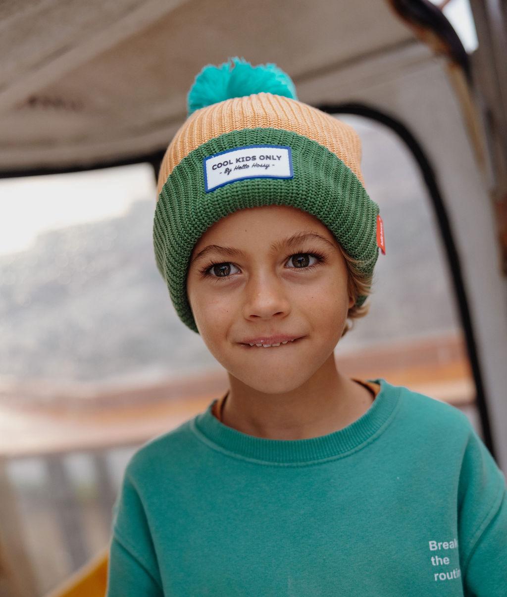 Children's beanie Camel green blue pompom embroidered label Hello Hossy