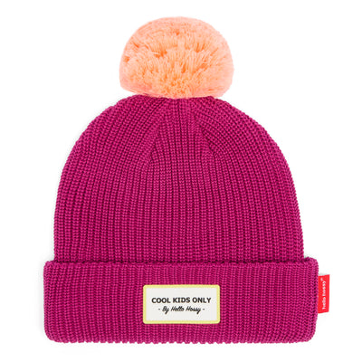 Children's purple beanie with peach pompom and embroidered label Hello Hossy