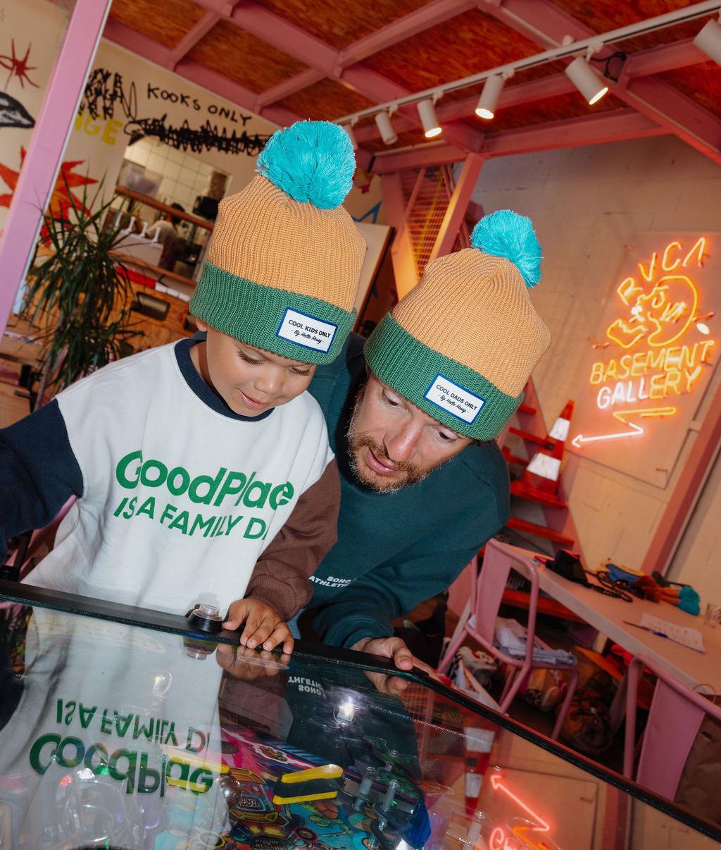 Kids' Camel beanie green trim blue pompom duo dad and child Hello Hossy