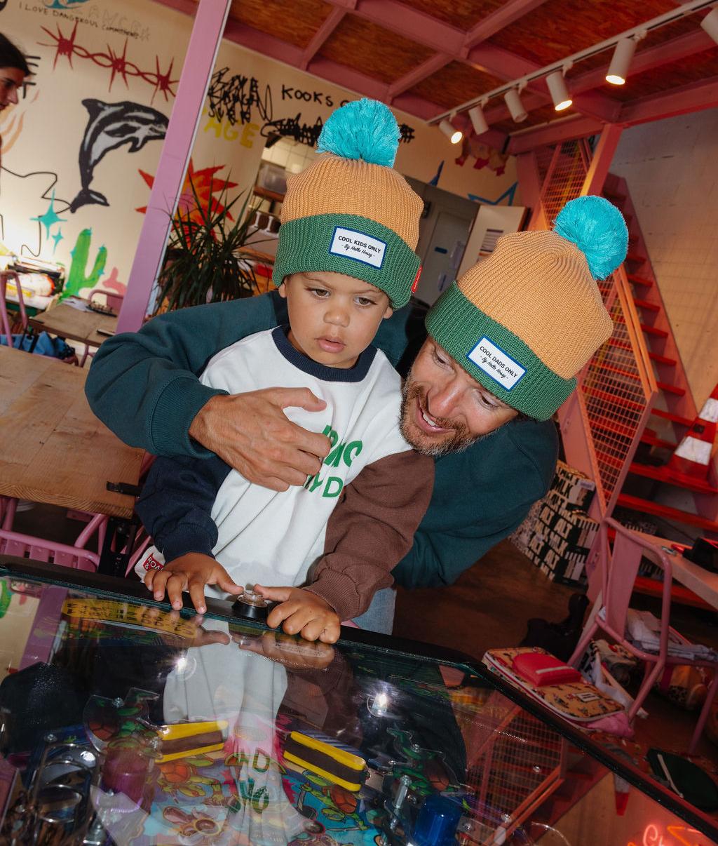 Kids' Camel beanie green trim blue pompom with dad Hello Hossy