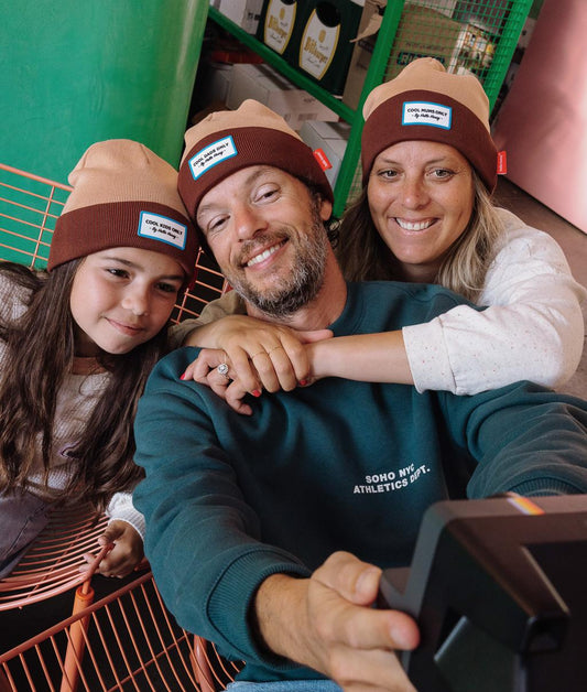 Family Duo child and adult beanie brown and Beige embroidery Hello Hossy