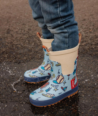 Kids blue rain boots Sport patterns non-slip sole Hello Hossy