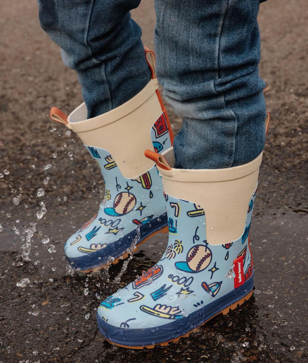 Kids blue rain boots Sport pattern Orange details non-slip sole Hello Hossy