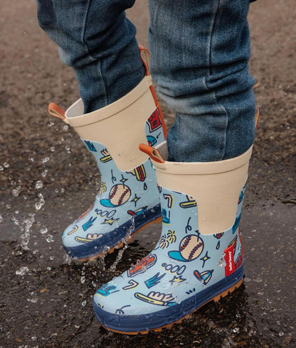 Kids blue rain boots Sport pattern Orange details non-slip sole Hello Hossy