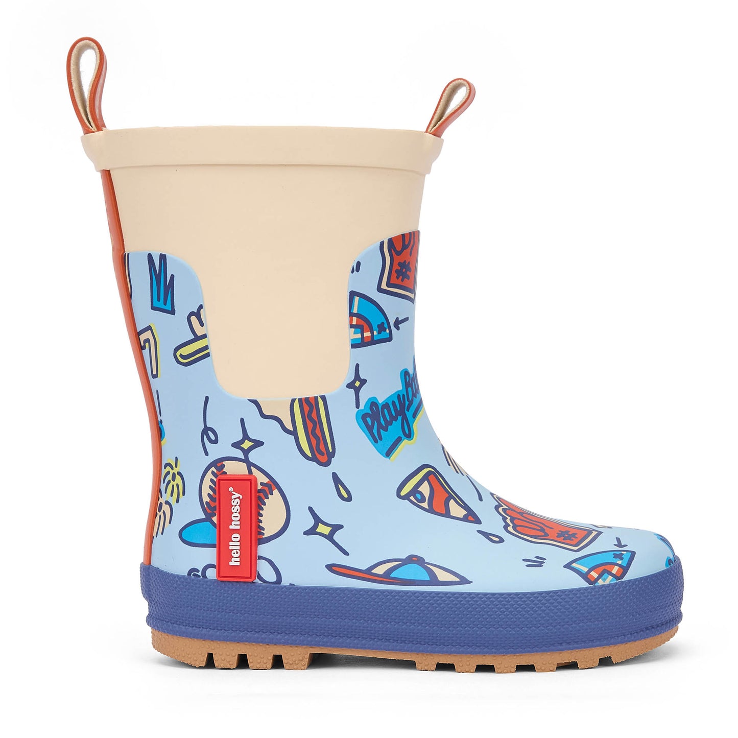 Kids blue rain boots beige Sport pattern red details Hello Hossy