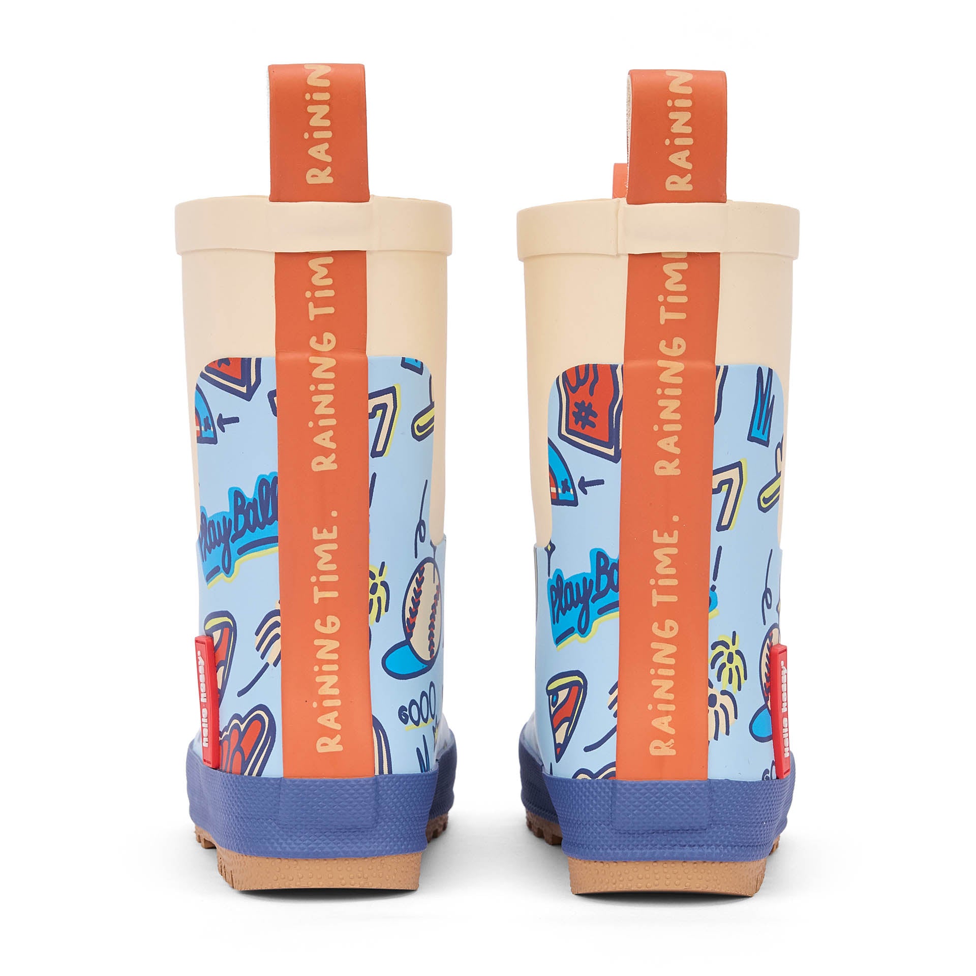 Kids blue rain boots Sport pattern Orange details non-slip sole Hello Hossy